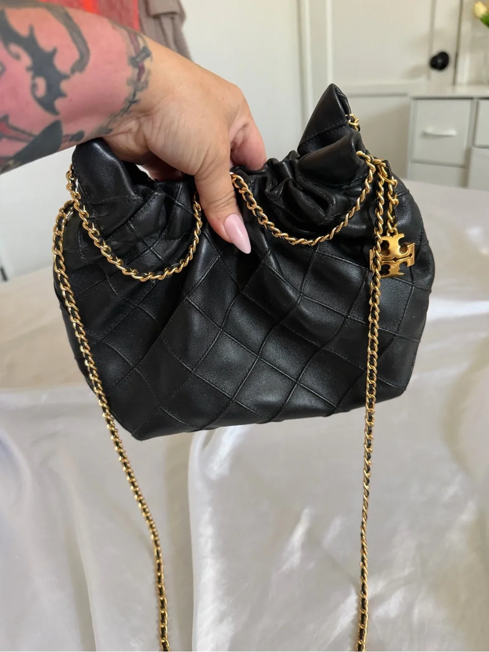 Tory Burch Black Quilted Mini Hobo with Gold Chain Hardware